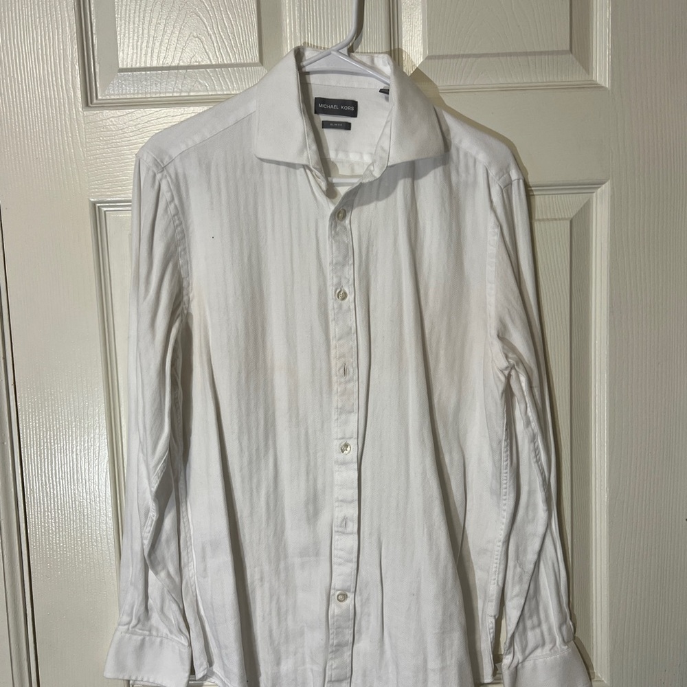 Michael Kors Men's White Shirt, Herringbone Fabric, Slim Fit, Medium/15.5